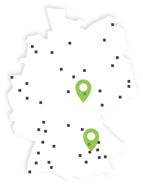 Darstellung einer weißen Deutschlandkarte mit dunkelgrauen Pins der die VIVISOL Deutschland Standorte kennzeichnet.